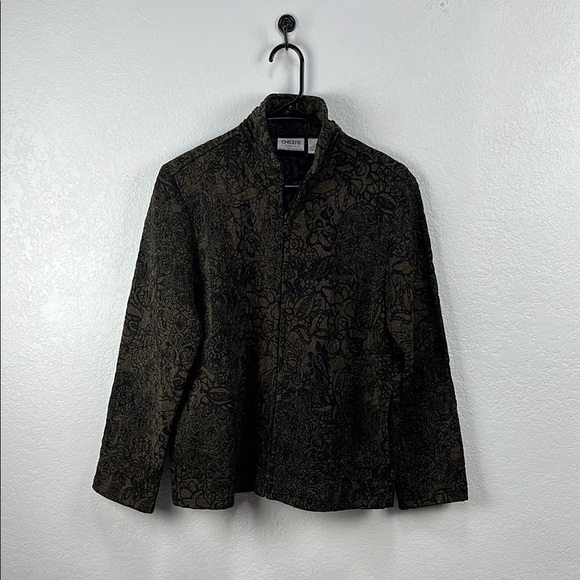 Chicos Travelers Jacket Womens 1 / Medium Brown Black Stretch Floral Zip Up Chic - Picture 1 of 10